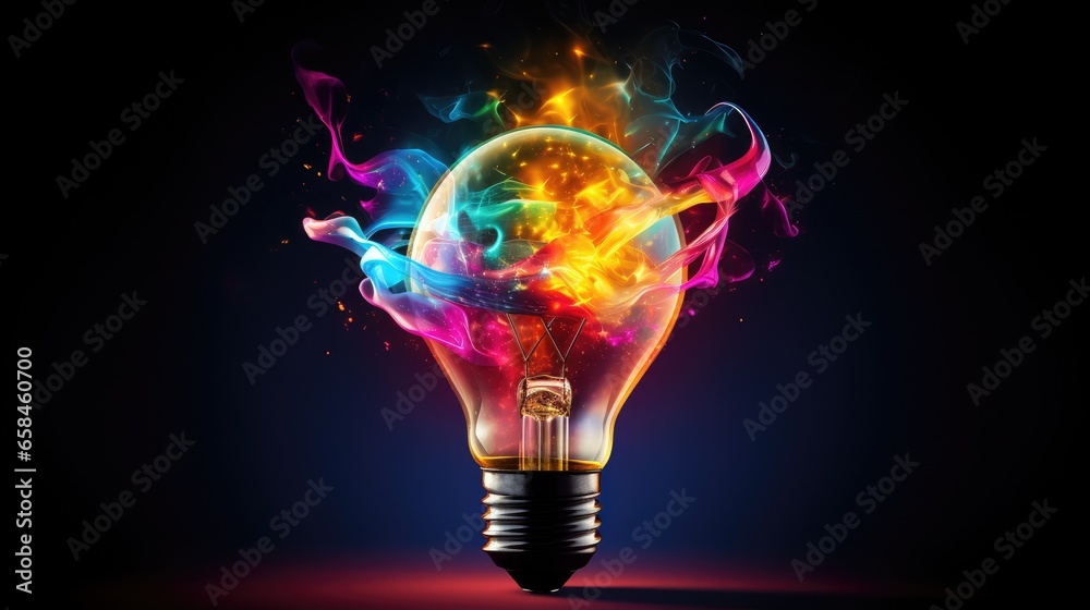 Poster lightbulb idea concept with colorful liquidof splashing unique creative idea on black background, ge