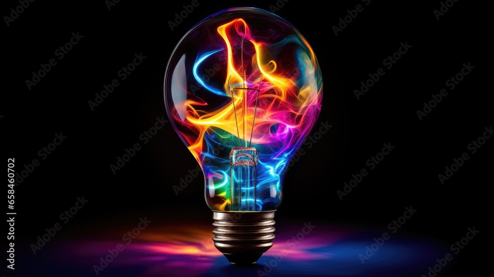 Poster lightbulb idea concept with colorful liquidof splashing unique creative idea on black background, ge