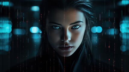 Cyber security concept. Closeup of a beautiful female  hacker in a dark environment looking straight at a camera with glowing code on a foreground