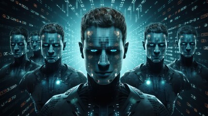Cyber security concept. Same-face humanoid robots, ai, artificial intelligence, robotic hackers, in a dark environment accessing others' privacy, personnal information, with glowing code around them