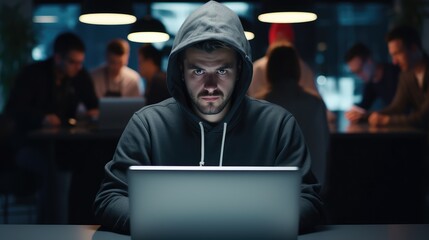 Portrait of Hacker with hoody. Hacker group team in front laptop in modern office, Generative Ai.