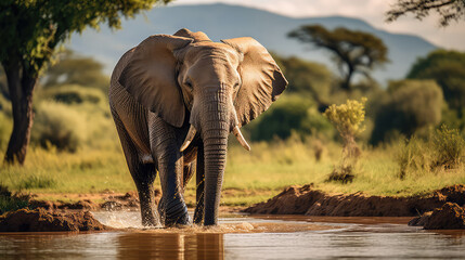 elephant in the muddy water - obrazy, fototapety, plakaty