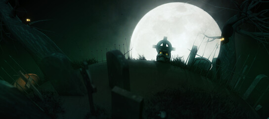 Halloween background with graveyard and moon in spooky night.