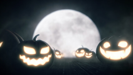 Pumpkins face light on wood with moon in dark night, Halloween spooky background.