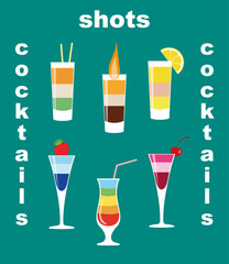 Vector icons of layered cocktails - B-52, rainbow, iceberg, Irish flag, ABC, with cherry liqueur