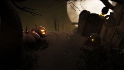 Jack o lantern in cemetery at scary halloween night background.