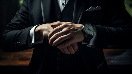 Gentleman in black suit puts on a black watch - obrazy, fototapety, plakaty