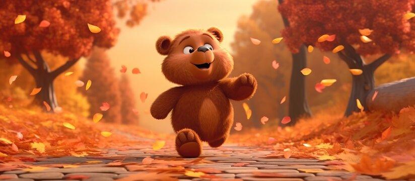 bear goes to school cute cartoon leaves background