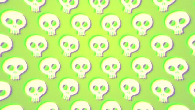 Halloween pattern background, skulls with green background with 4K animated glowing grains