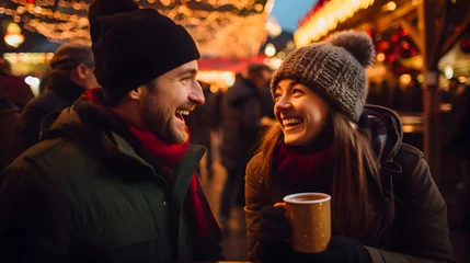Foto op Canvas On a winter Christmas market, young people gather together, enjoying hot beverages and chatting merrily © Naige