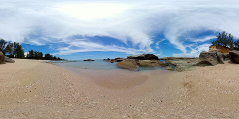 Seascape with tropical sandy beach and blue ocean. Borneo, Malaysia. Tindakon Dazang Beach. 360 panorama VR.