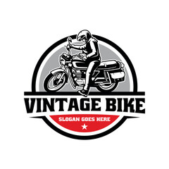Biker riding retro motorcycle logo vector