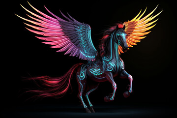 winged horse, neon, dark background