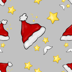 pattern illustration santa claus hat with mustache and stars gray background