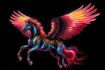 winged horse, neon, dark background