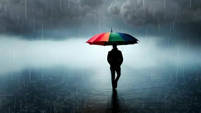 Silhouette person with umbrella in rain, Seamless looping Animation Video Background in 4K Resolution	
