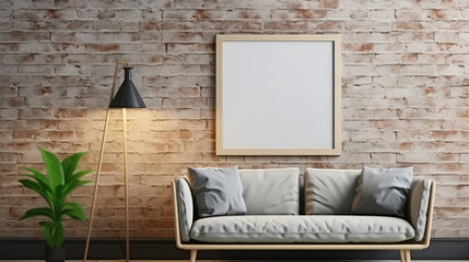Hipster Style Interior with Poster Frame Mockup, Minimalist White Sofa by Wooden Wall: 3D Render