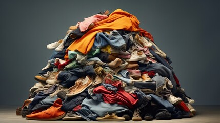 large pile stack of textile fabric clothes and shoes. concept of recycling, up cycling, awareness to global climate change, fashion industry pollution, sustainability, reuse of garment - obrazy, fototapety, plakaty