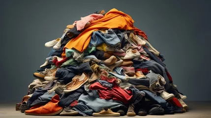 Rolgordijnen large pile stack of textile fabric clothes and shoes. concept of recycling, up cycling, awareness to global climate change, fashion industry pollution, sustainability, reuse of garment © UMR