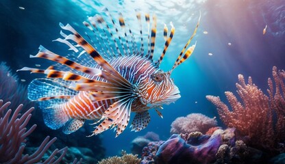 Naklejka na ściany i meble Lion fish hunting among coral reefs. Colorful tropical sea life. Underwater photography. Travel inspiration. Sea ocean wildlife wallpaper