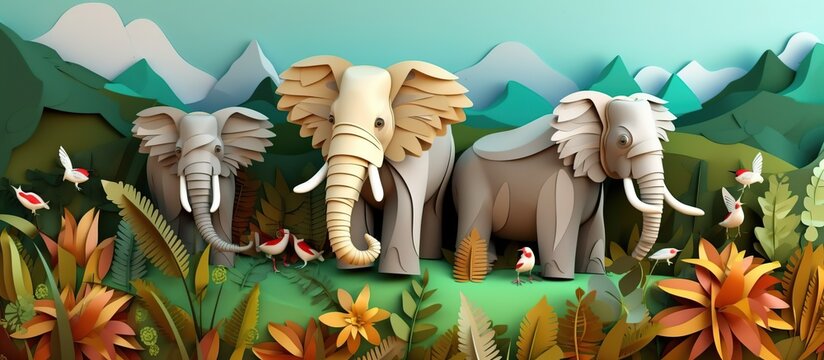 elephant, cow, horse and buffalo cute cartoon animals background of leaves and mountains