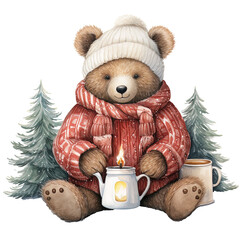 Cute teddy bear with a cup of tea, a candle and a Christmas tree. Watercolor illustration