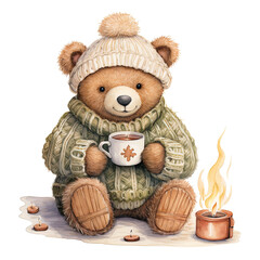Cute teddy bear in a warm knitted sweater with a cup of hot tea. Watercolor illustration