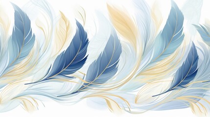 Luxury background with watercolor feathers in line art with gold decor. Pattern in blue tones for the design of invitations, packaging, weddings