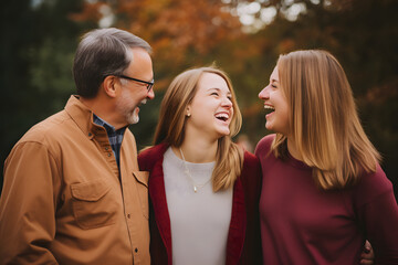 Happy family couple with teen daughter having fun talking to parents, smiling daughter enjoy loving family - obrazy, fototapety, plakaty
