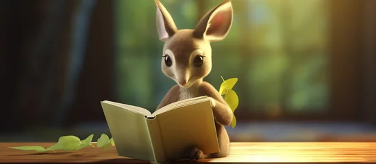 Foto op Aluminium kangaroo reading a book cute cartoon leaves background © Muhammad