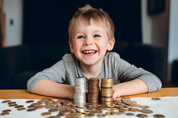 Happy cute little boy stacking coins at home, smiling child collecting money home financial concept - obrazy, fototapety, plakaty