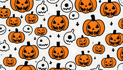 Scary october holiday background in hand drawn style. Spooky autumn party wallpaper print creepy smiling pumpkin texture art.
Halloween jack o lantern cartoon seamless pattern generative AI