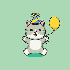Cute cat on party cartoon illustration