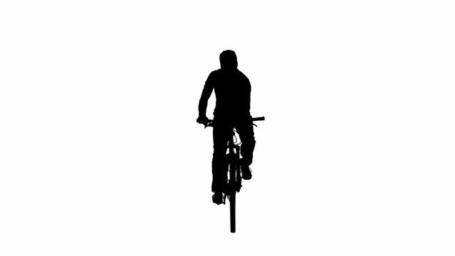 Front view of man silhouette in casual clothing riding a sport bicycle and talking on smartphone, isolated on white background alpha channel.
