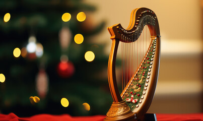 Harp for Christmas decoration with decorated tree, text spacing and bokeh background.