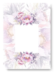 Watercolor blush pink border wedding invitation card template set with peony floral decoration.