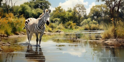 zebra's expression and pose, the painting can convey various emotions or narratives, generative AI - obrazy, fototapety, plakaty