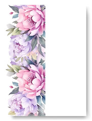 Border wedding invitation card template design, purple pink peony flower decorated on line frame on white