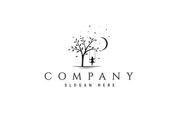 girl logo enjoying night atmosphere decorated with moon and stars under tree sitting on swing in flat design style concept