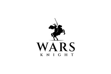 Knight, hero or horse knight logo with sword and shield in silhouette and flat design style - obrazy, fototapety, plakaty