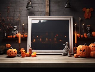Mockup of an empty table frame with a halloween scenery