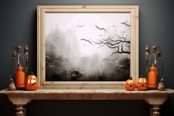 Mockup of an empty table frame with a halloween scenery