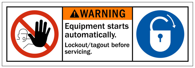 Machinery service warning sign and labels equipment starts automatically. lockout and tagout before servicing