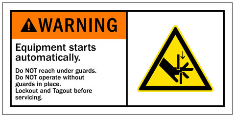 Machinery service warning sign and labels equipment start automatically - obrazy, fototapety, plakaty