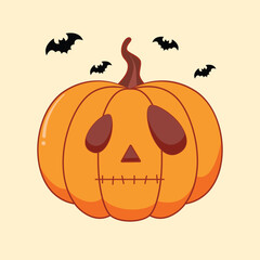 Halloween pumpkin with happy scary on light background. Vector cartoon Illustration.