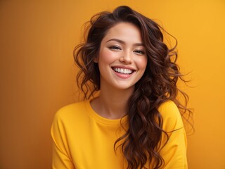 Woman Portrait in a Vibrant Yellow Background - Ideal for Dental, Facial, and Lifestyle Advertising