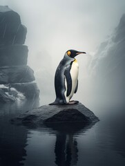 Fototapeta premium Penguin illustration background, penguin dancing snow in sunset background, Generative Ai 