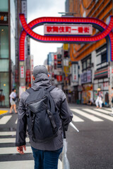 Back view of unrecognizable male tourist in outerwear and cap with backpack and umbrella walking on city street near tall buildings in Akihabara neighborhood in Tokyo, Japan