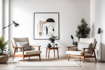 Two armchairs in room with white wall and big frame poster on it. Scandinavian style interior design of modern living room style