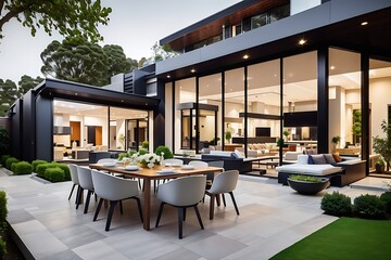 View of luxurious modern house exterior with dining space and garden house